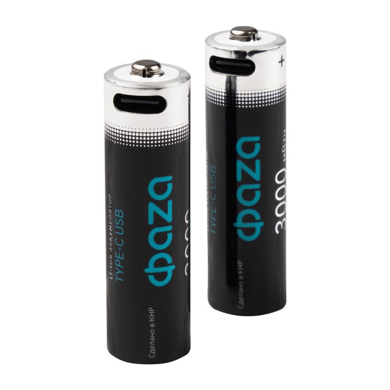 Аккумулятор литиевый AA 1.5В Li-Ion 3000мВт.ч 2000мА.ч зарядка от Type-C шнур в комплекте BL-2 (уп.2шт) ФАZА 5061576